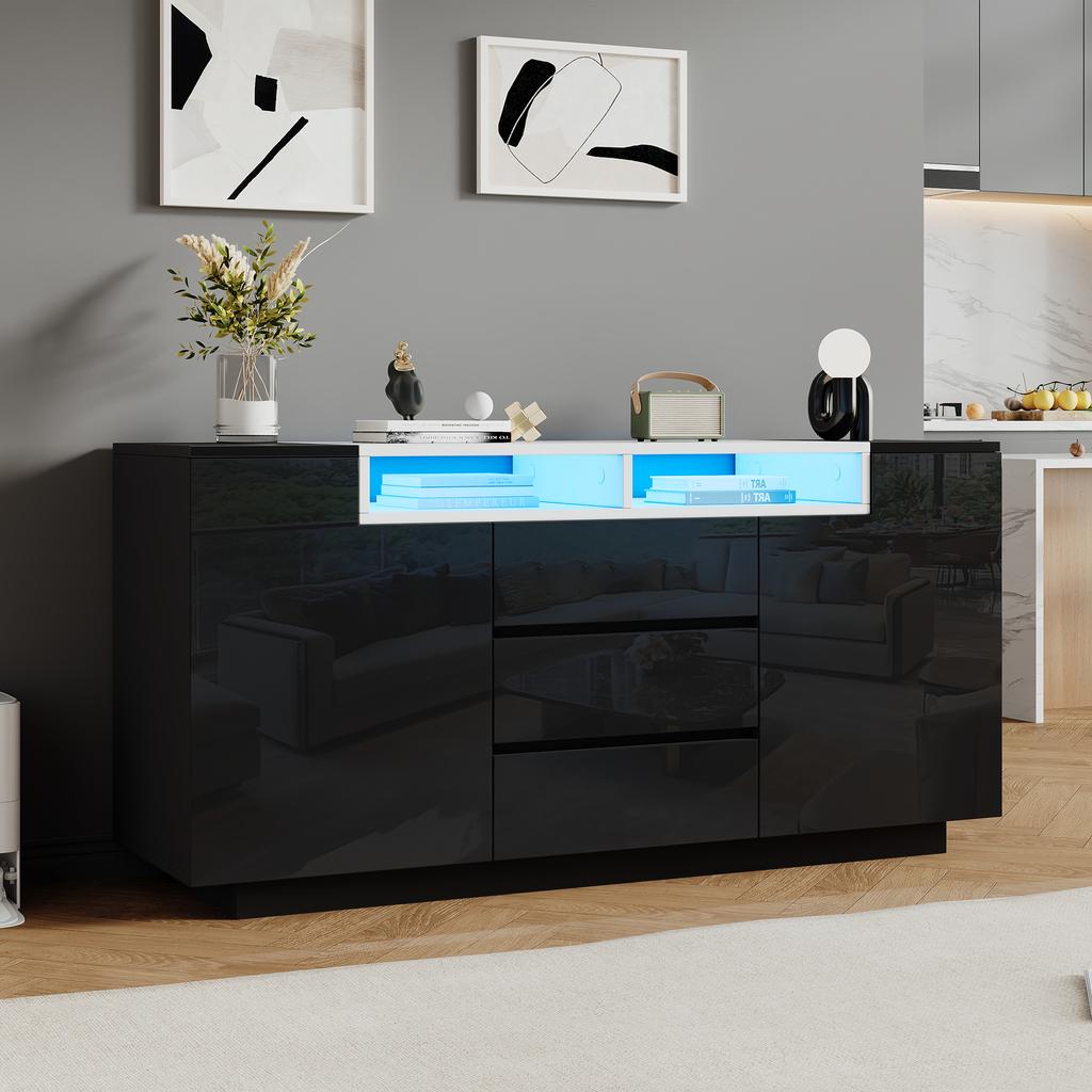 Credenza Soggiorno 140*40*68cm con 2 Ante a L, Mobile con Ripiani Regolabili e Luci LED, Mobile Laccato Lucido con 3 Cassetti, Nero
