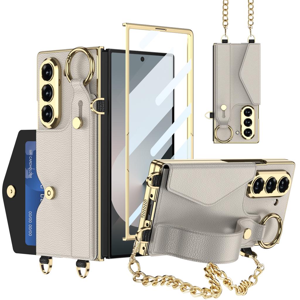 GKK For Samsung Galaxy Z Fold6 5G Case with PU Strap Kickstand/Metal Chain Electroplated PC Tempered Glass Phone Cover