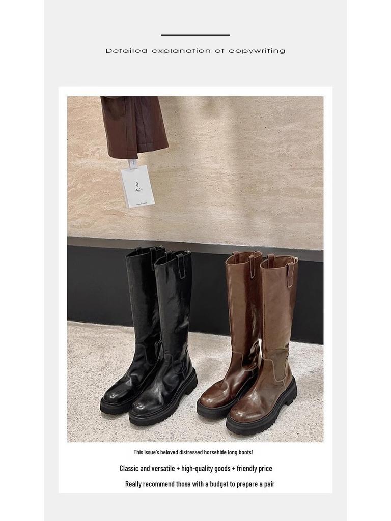 Introducing: Quick-Delivery Mom-Style Grape Boots – Wrinkled Horsehide, Round Toe, Thick Sole, Chunky Heel, Slimming Mid-Calf Knight Boots for Women.