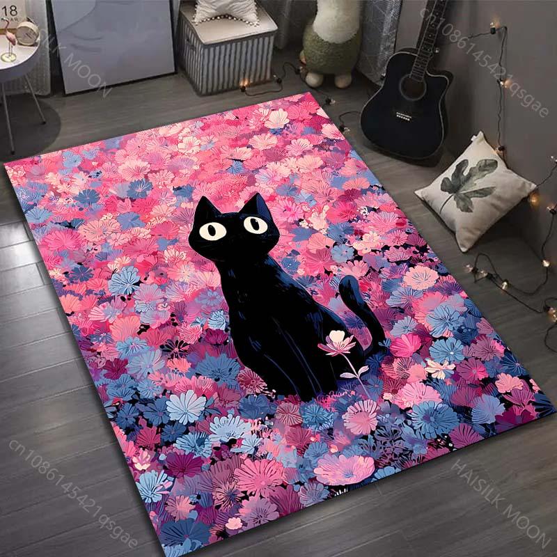 

1PC Black cat in pink flowers Pattern Rug Carpets for Bedroom Living Room Sofa Mat Creative Door Mat Cloakroom Home Decor 40x60cm