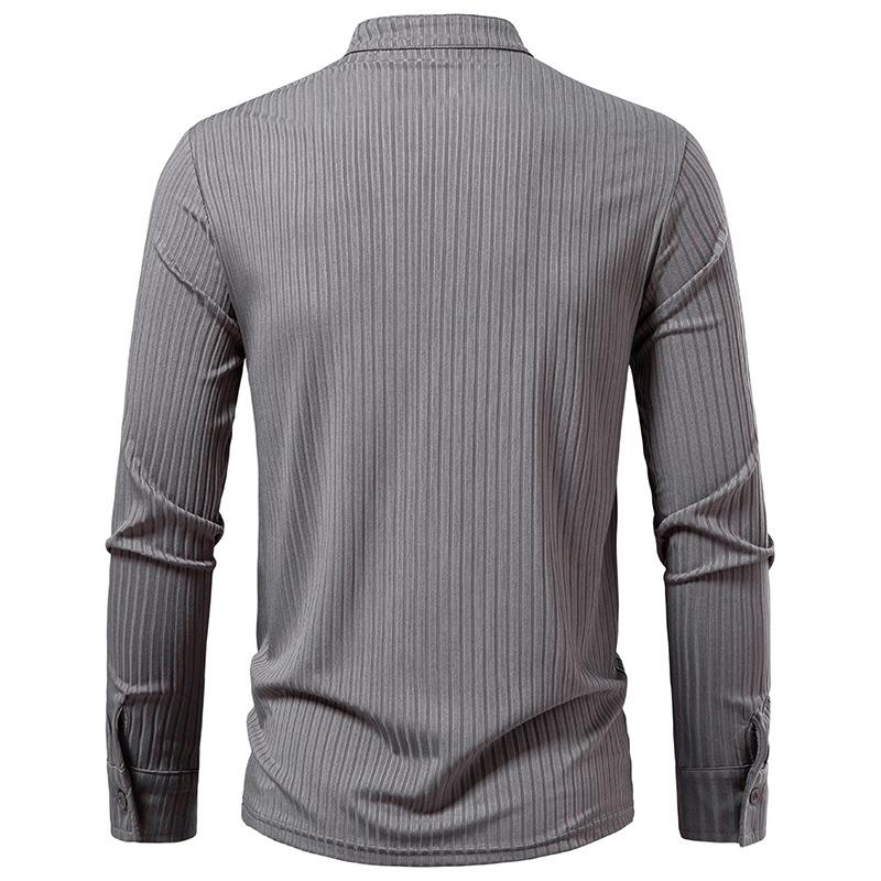 Men's Lace-Up Stand Collar Striped Shirt Long Sleeve Casual Top for Men Spring Autumn Fashion Multi-Color Textured Male Blouse