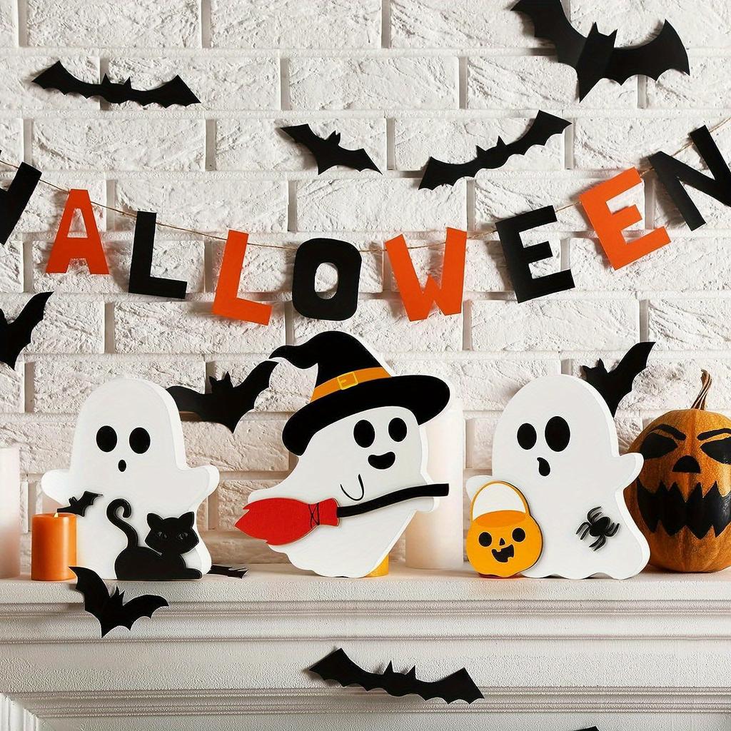 3pcs Cute Ghosts Halloween Indoor Decoration Set PVC Layered Tray Decoration Table Sign Pumpkin Pie For Party Home Shelf Display