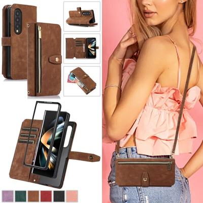 Long Lanyard Leather Case For Samsung Galaxy Z Fold 5 4 3 Z Flip 5 S24 S23 S22 Ultra S21 FE A14 A24 A34 A54 A13 A23 A33 A53 Zipper Wallet Card Cover