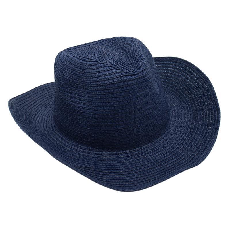 Adjustable Lightweight Wide Brim Solid Woven Panama Curled Straw Western Cowboy Visor Sun Hat With Accessories for Seaside Beach
