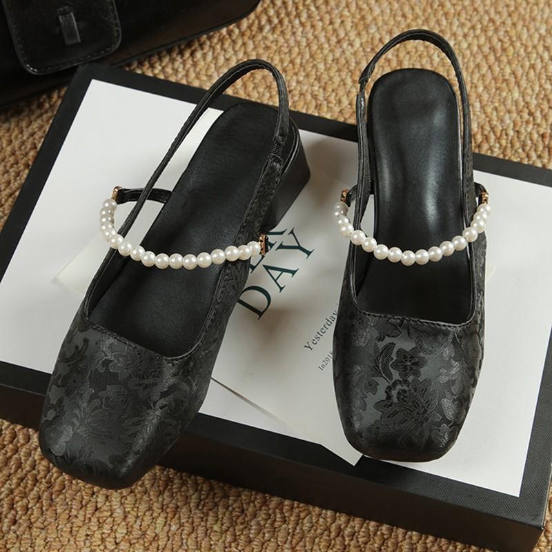 Fashion Women's Fashion Baotou Sandals Summer New Square Head Shallow Mouth Satin Beaded Slip-on Temperament Thick Heel Shoes