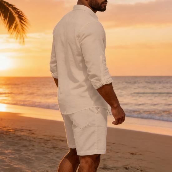 Men Long Sleeve Shirt Turndown Collar Button-Down Shirt Loose Fit Solid Color Shirt for Summer Beach Vacation Travel