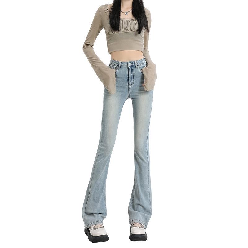 Women's Light Wash High-Waist American-Style Flared Jeans, Slim Fit, Elastic, Small Size, Washed Blue Horseshoe Design