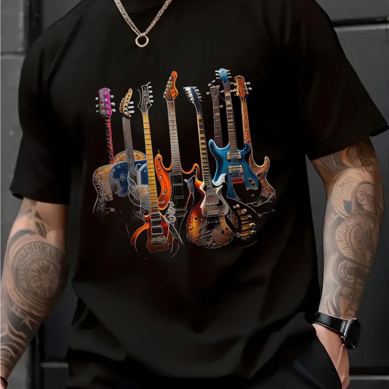 Guitar T-Shirt Cotton Men Casual T-Shirt Round Neck Vibrant Electric Guitar Design Perfect Gift for Music Lovers S