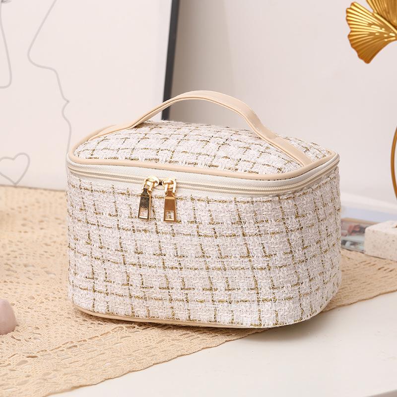 

Grid Pattern Stylish Makeup Pouch Large Capacity Portable Travel Toiletries Bag белый