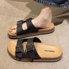 Women's Two Strap Buckle Slide Sandals Faux Cork Footbed Thick Sole Casual Slippers