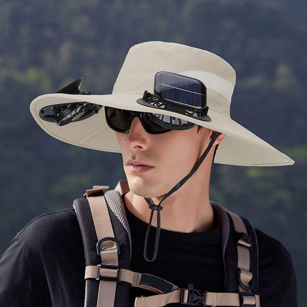 Casual Anti UV Solar Fan Hat Solar Charging Wide Brim Sun Visor Cap with 2 Fan Breathable Fishing Hat Summer