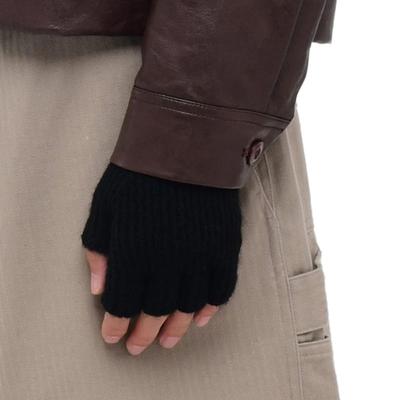 Velsey Wollmischung Klassische Gerippte Fingerlose Handschuhe [SCHWARZ]