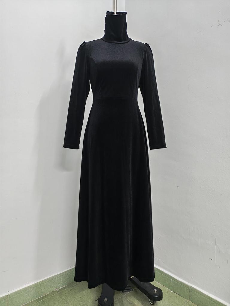 Elegantes Herbst/Winter Damen Gold Samt Hoher Kragen Ballonärmel Taillenbetonendes Langes Kleid