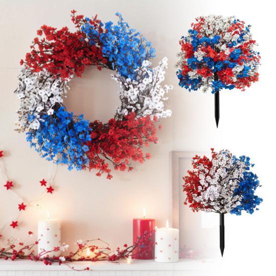 Yousheng 4th of July Artificial Flowers Topiary Ball Tree with Ground Stake Red White Blue Patriotic Fake Flower Plant Shrubs for Independence Day