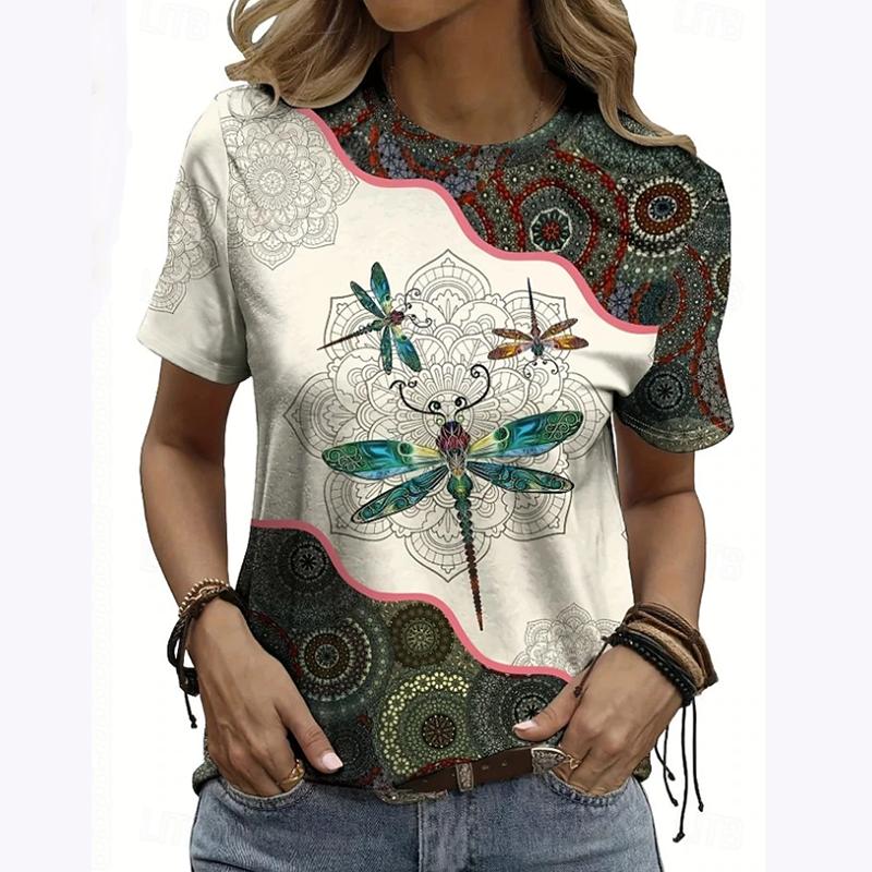 Boho Ethnic Dragonfly Print Women T-shirt Vintage Mandala Pattern O-Neck Short Sleeve Casual Tops 2026 Summer Fashion Patchwork S