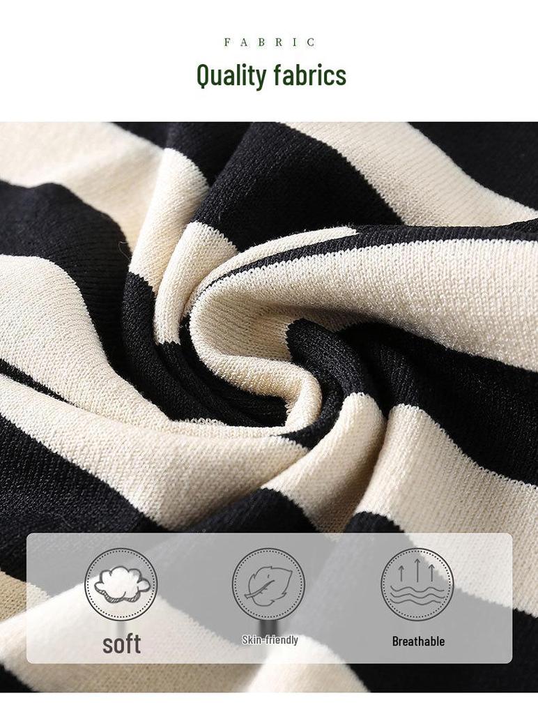 Stylish Summer Knit Striped Short-Sleeve T-shirt for Mom - Loose Fit, Round Neck, Ice Silk, Middle-Aged & Elderly Women