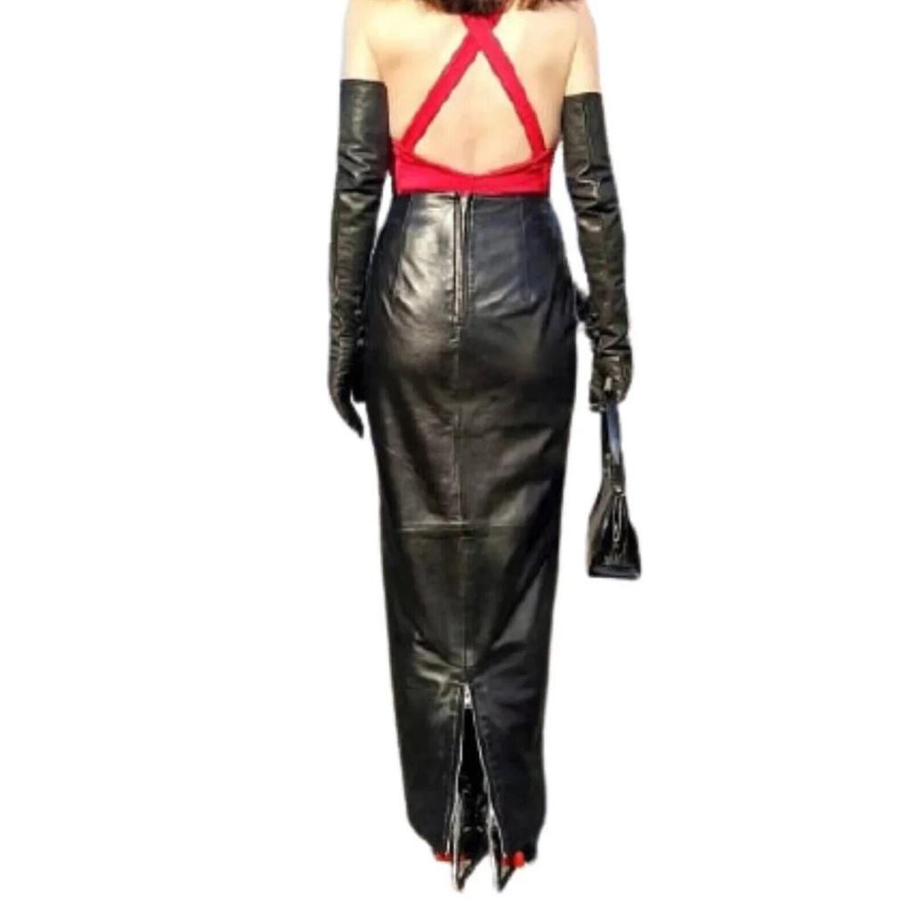 Originální dámská sukně z jehněčí kůže Dlouhá Černá Ručně šitá Kožená Stylová Párty Měkká