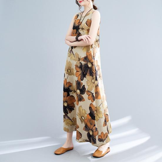 Boho Plus Size Cotton Linen Dress for Women Summer Sleeveless Printed Loose