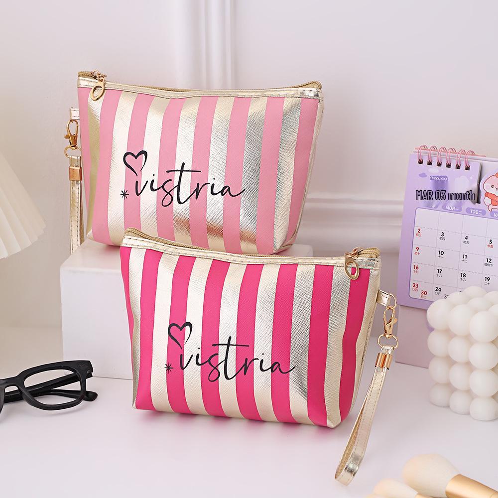 Gestreifte Wasserdichte PU-Leder Kulturtasche - Große Kapazität Handheld Sechseckige Make-up-Aufbewahrung für Damen