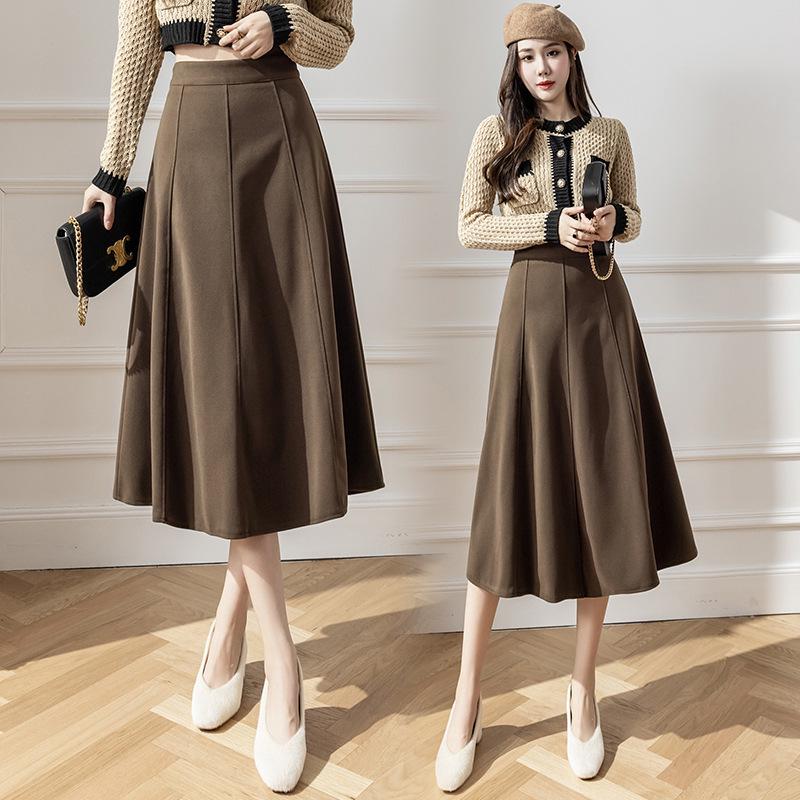 Women's 2024 Autumn/Winter Wool Blend A-Line Midi Skirt: Patchwork Design, Large Swing, Hip-Hugging, Draped Umbrella Style
