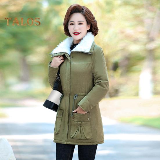 Winter Women Jacket Thickened Plush Turn-down Collar Long Sleeves Elastic Waist Pockets Zipper Closure Coat Mid Length Windproof Warm Coat