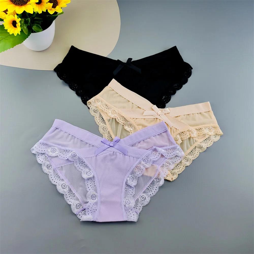3PC Low Rise Lace Ruffles Women's Mesh Underwear Sweet Ladies Perspective Sexy Briefs Comfortable Panties