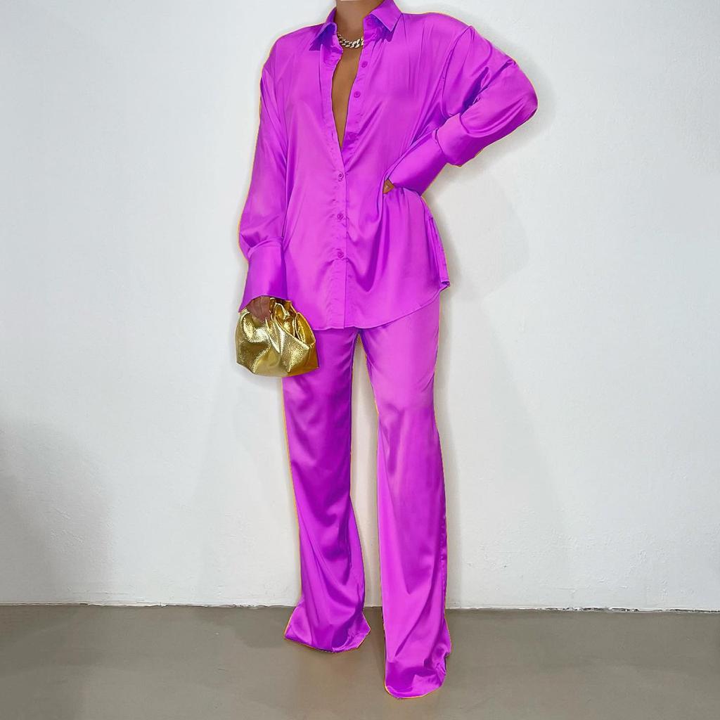 Satin-Simulationsseide, modisches Damen-Set mit lockerer Hemdhose und gerader Hose