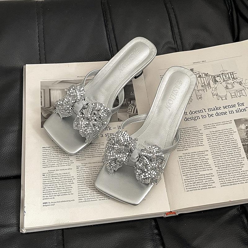 Versatile fashion square head high-heeled outer slippers women's summer 2025 new thick-heeled bow open-toed cool slippers