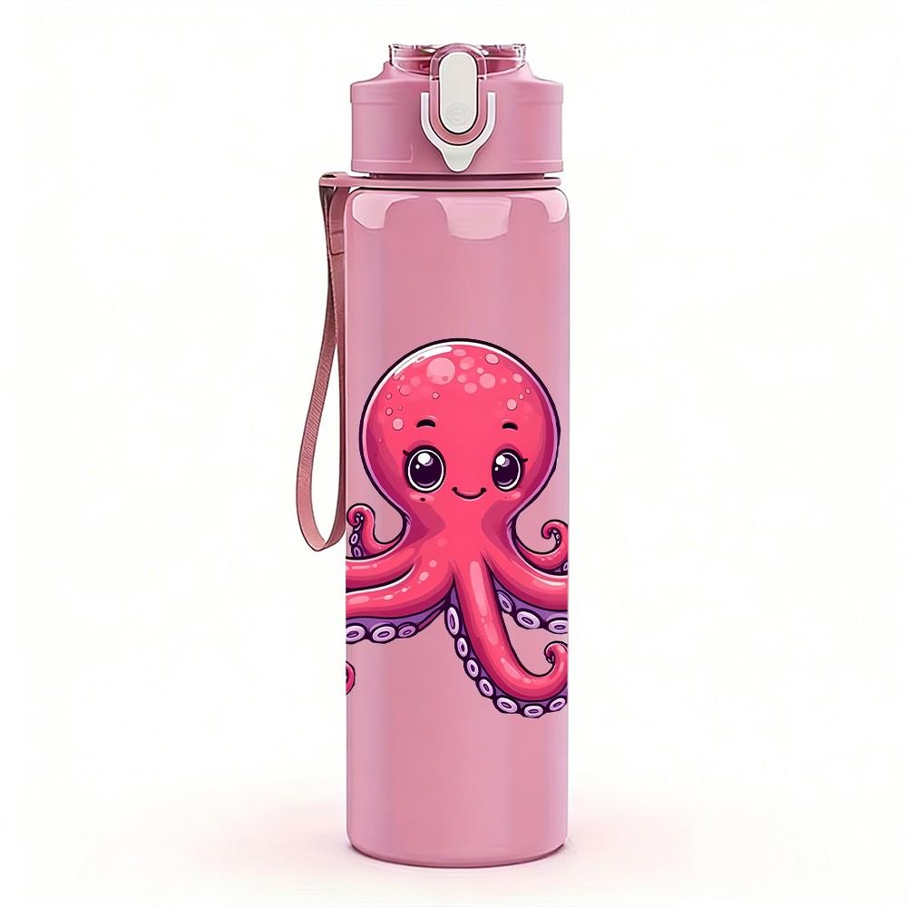 1PC Pink Octopus Ocean Animal Pattern 750ml Color Plastic Sports Water Bottle Leakproof Flip Straw Lid Suitable for Sports Office Home Use