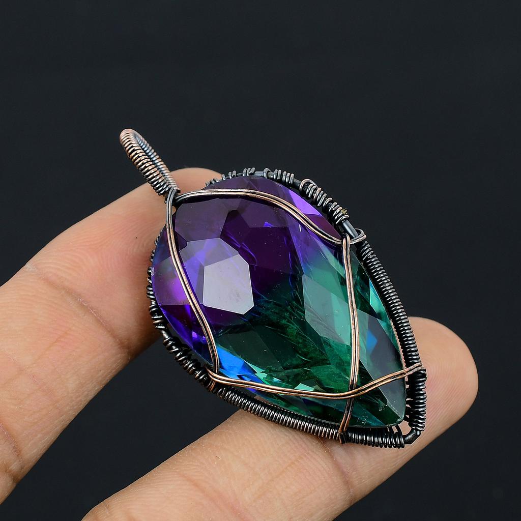 Piatră prețioasă Turmalină Bicoloră Naturală Bijuterie Pandantiv Înfășurat în Sârmă de Cupru 2,2" T8f84