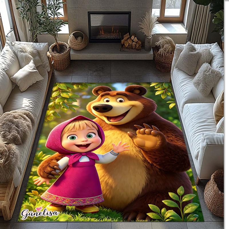 Masha and the Bear Crystal Velvet Rug, Soft Anti‑Slip Crystal Velvet Carpet for Living Room Bedroom Home Decor