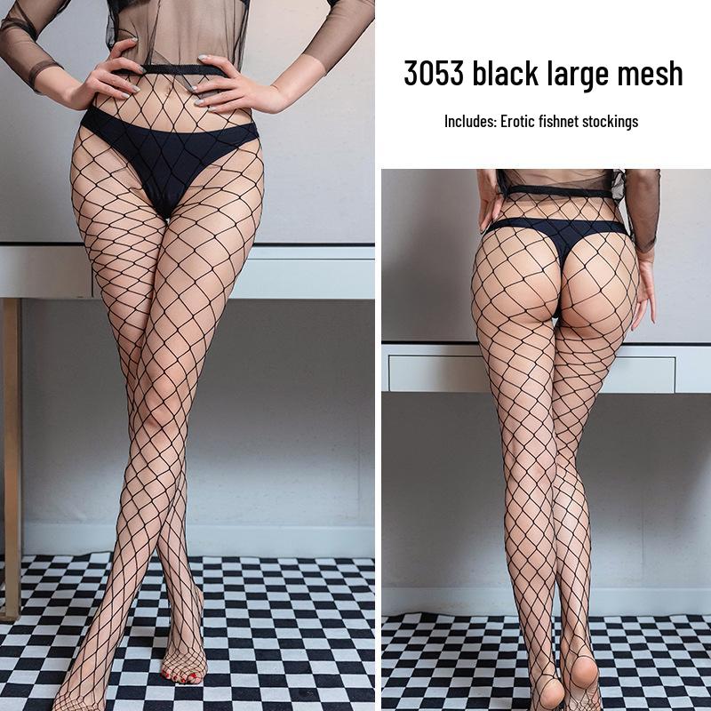 Black Open-Crotch Fishnet Stockings - No Need To Remove, Sleek and Sexy One-Piece, Perfect for a Seductive Night In.