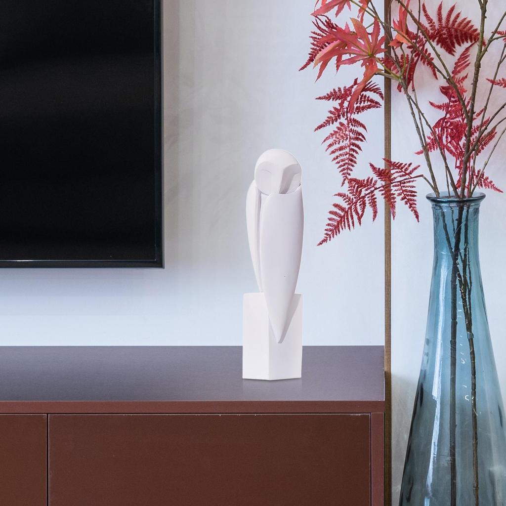 Resin Owl Statue Abstract Art Shelf Decoration Owl Figurine Owl Sculpture Handicraft for Mantel, Bookshelves, Cafe White