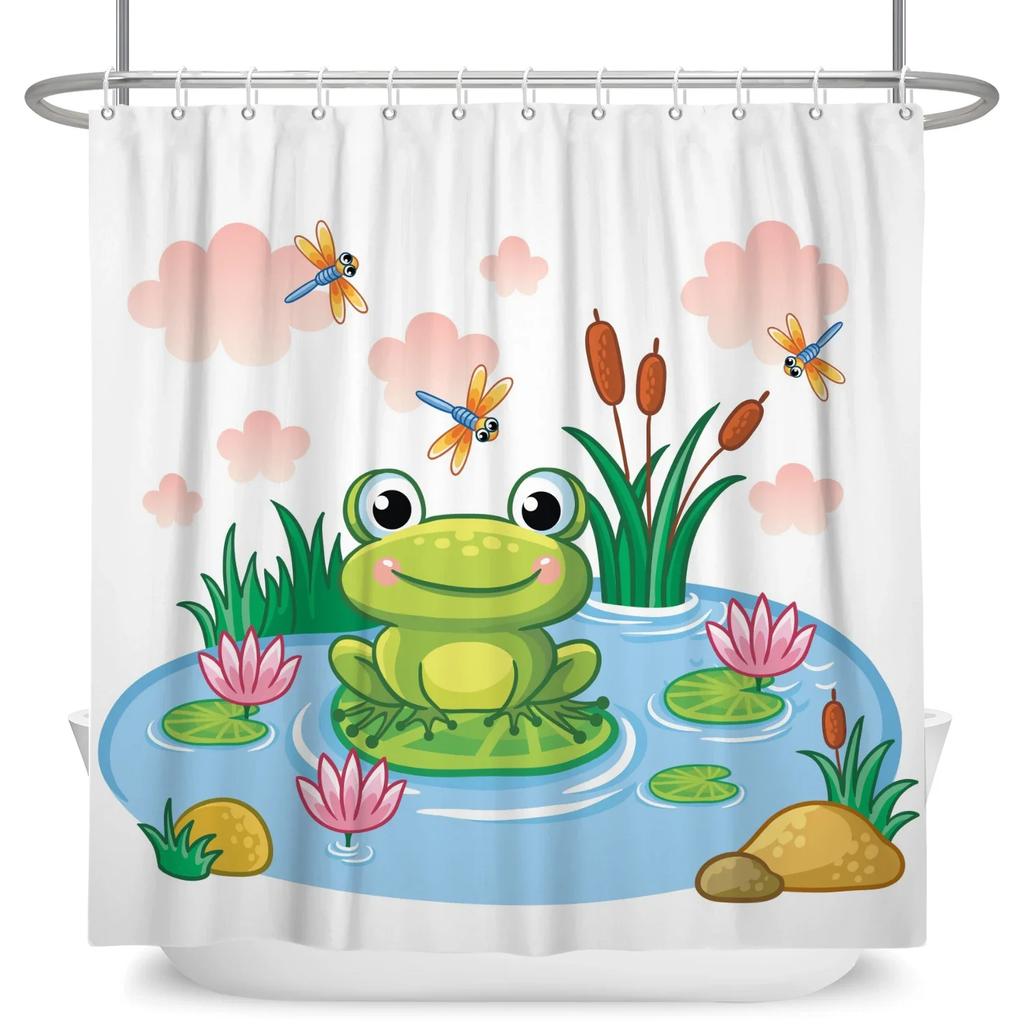 Funny Frog Cartoon Shower Curtain Sets Leaf Animal Creative Children Bathroom Decor Waterproof Fabric Home Hooks Bath Curtains