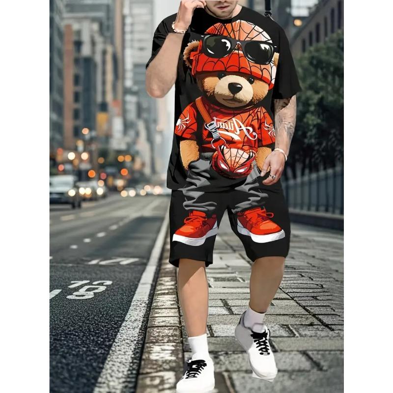 Summer Cartoon Toy Bear Print Fashionable Loose Sportswear Men's Daily Comfortable Two-piece Sport Wear