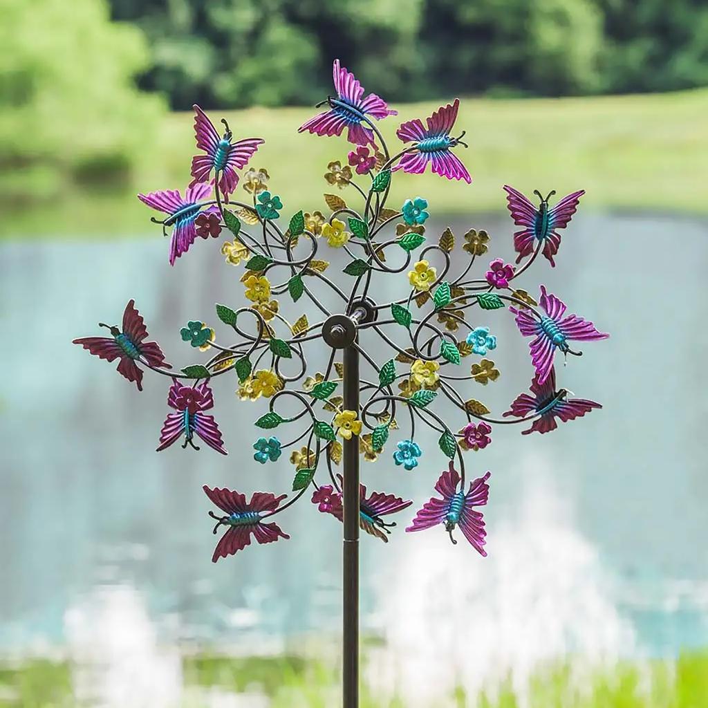 Colorful Butterfly Garden Wind Spinner Metal Stakes Flower Windmill Iron Art Handcrafts Garden Lawn Yard Decor Removable
