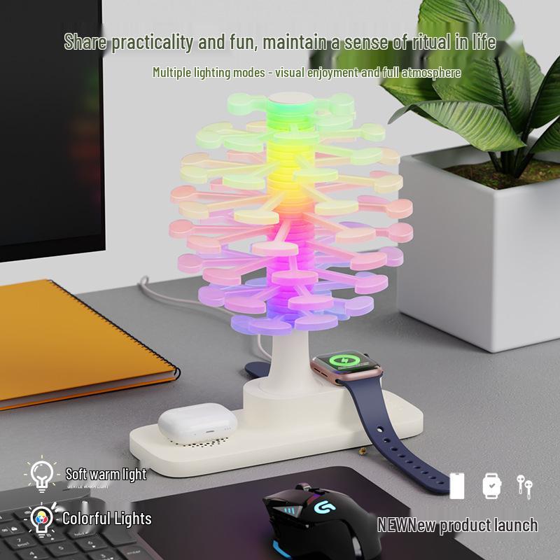 3-in-1 Wireless Charger & Night Light: Phone, Earbuds & Apple Watch Station with Eye-Friendly Atmosphere Table Lamp