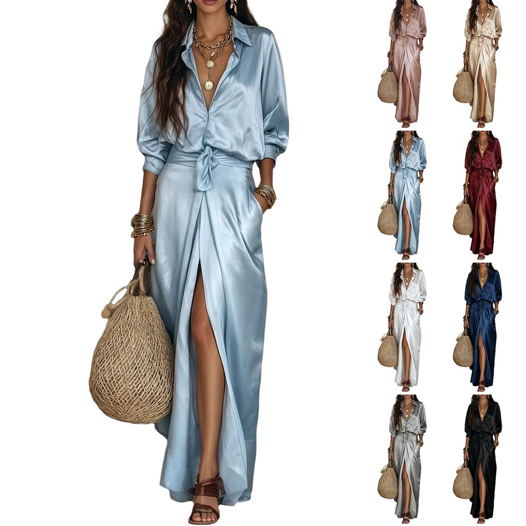 Women's Satin V-Neck Blouse and Side Split Skirt Set with Pocket for Casual Everyday Wear