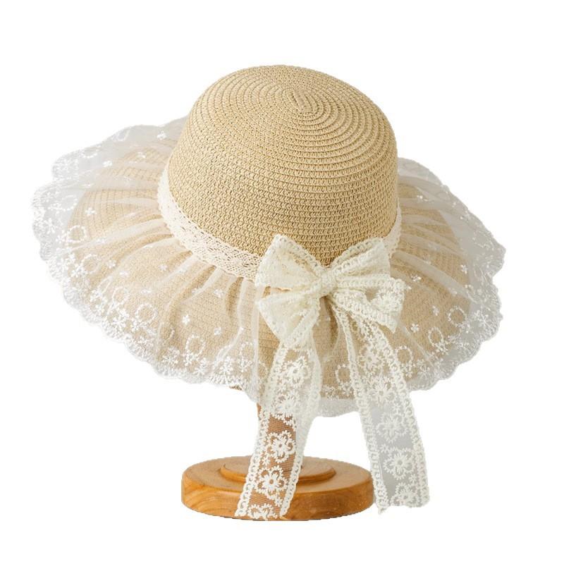 Fashion Bow Lace Straw Hat Women's Sweet and Cute Big Brim Mesh Shade Sunscreen Straw Shade Hat