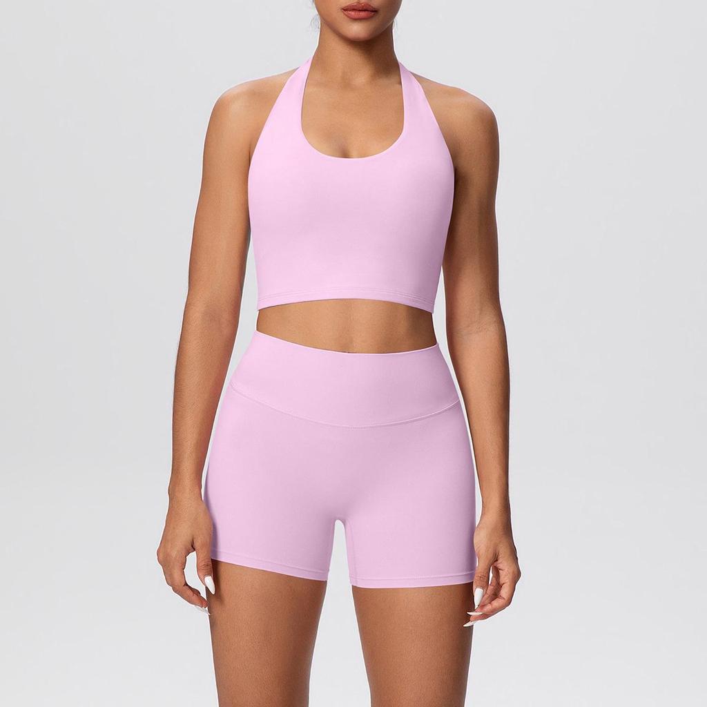 European & American Halter Sports Bra and High Waist Yoga Shorts Set for Women
