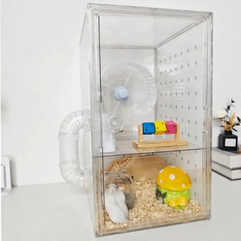 Acrylic Hamster Cage, Transparent Small Animal Habitat with Burrow, Chew Proof Enclosure for Dwarf, Observation House for Gerbil