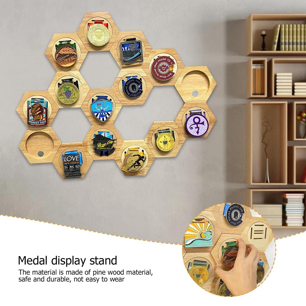 6pcs Medal Display Hanger Rack Wooden Honeycomb Medal Storage for Sports Races Track Field Spartan Running Marathons