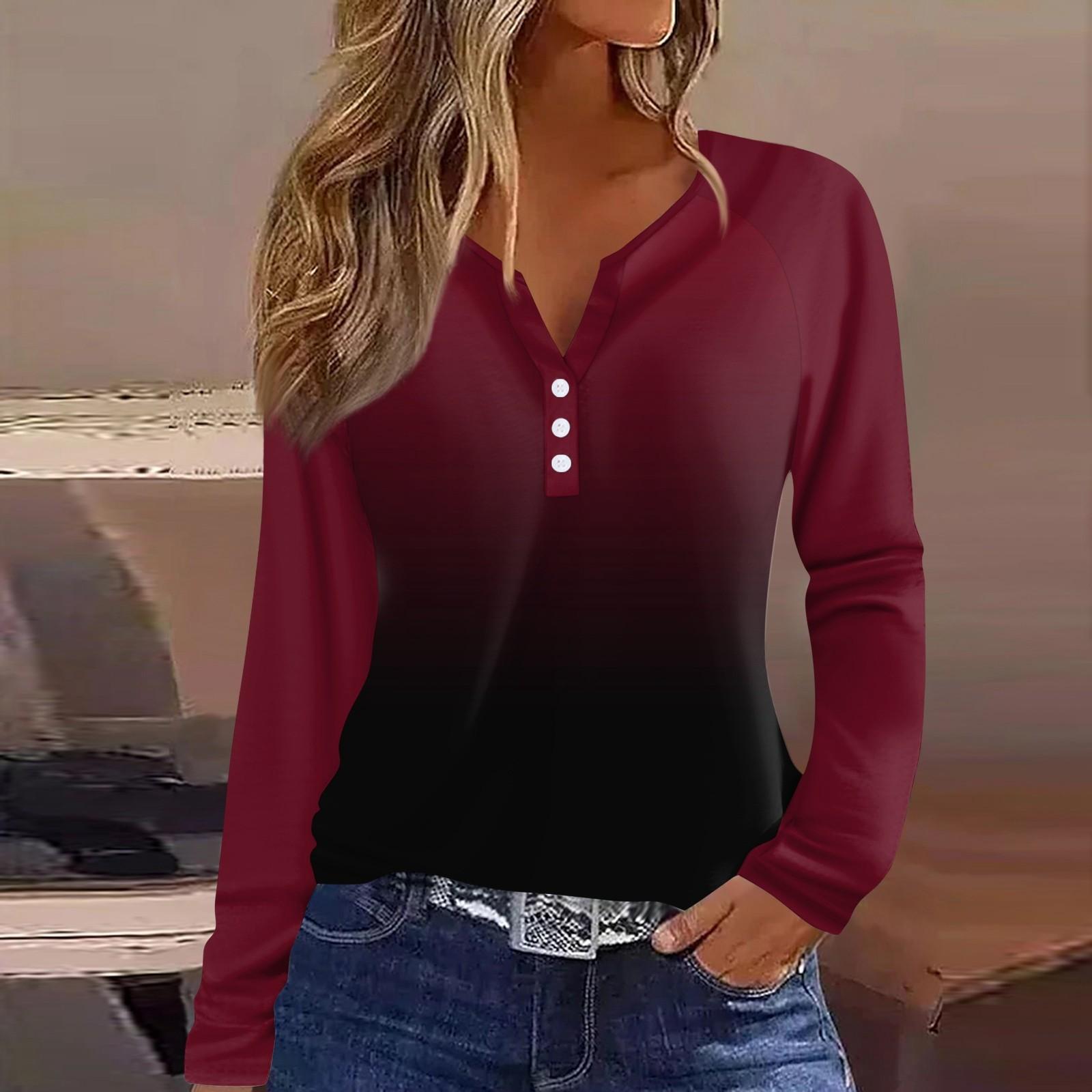 

Женская футболка с принтом, на пуговицах, с длинным рукавом, повседневная, для выходных, модная, базовая, с V-образным вырезом, обычный топ XL