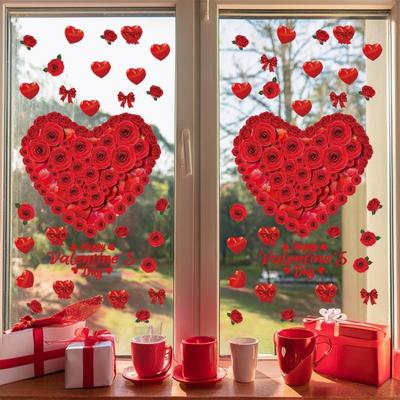 PVC Valentine's Day Window Stickers Love Heart Balloon Shape Creative Decorative Love Heart Window Decals Pink Red Flower Rose