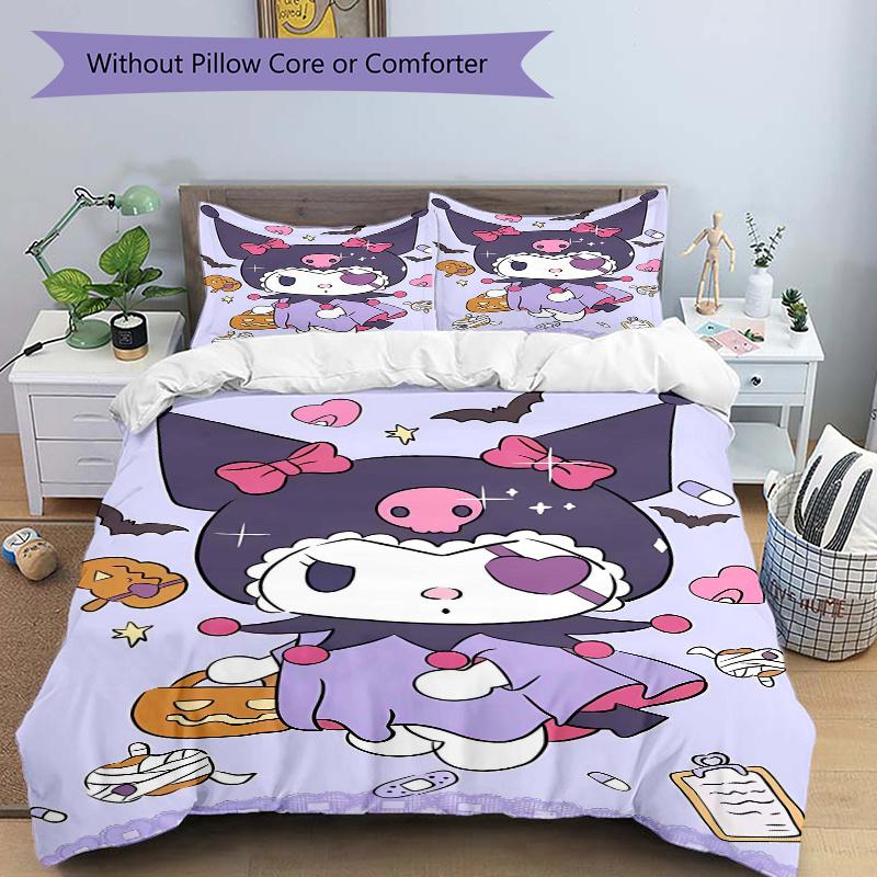 3pcs Halloween Kuromi and Pumpkin Printed Duvet Cover Set (1 * Cover+2 * Pillowcase, Without Core), Suitable for Home Bedroom, Guest Room, Dormit