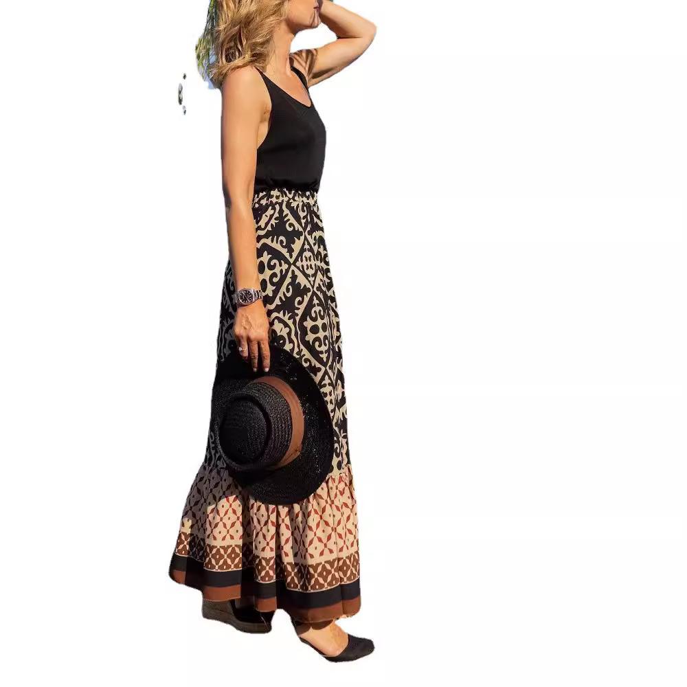 2024 Summer Women's European & American Loose Patchwork Print Maxi Skirt