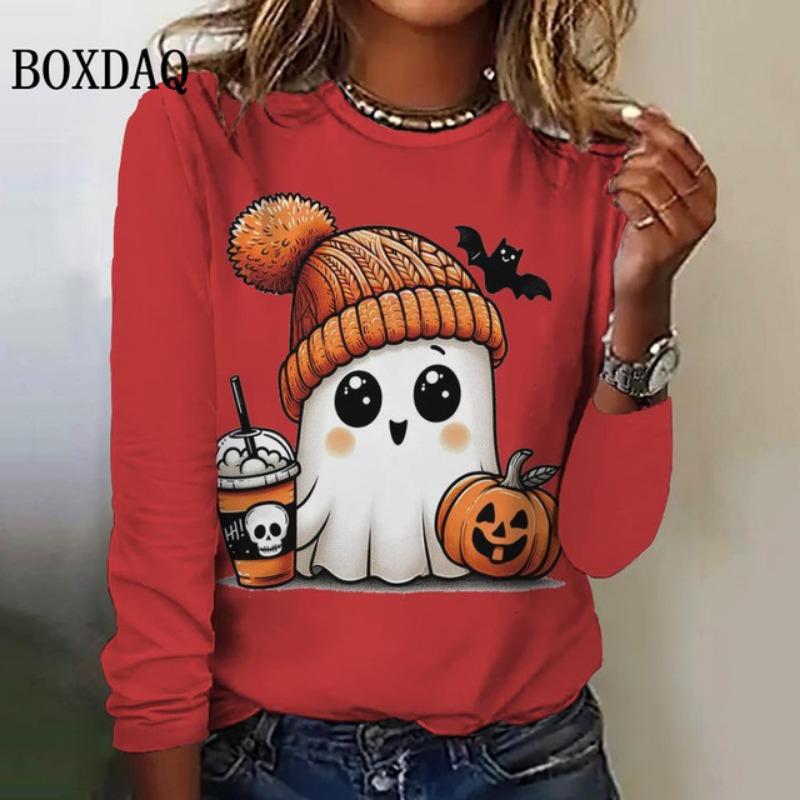 Cute Cartoon Women's Long Sleeved T-Shirts Halloween Ghost Round-Neck Loose Clothing Fashions Festival Casual Ladies Shirts Tops