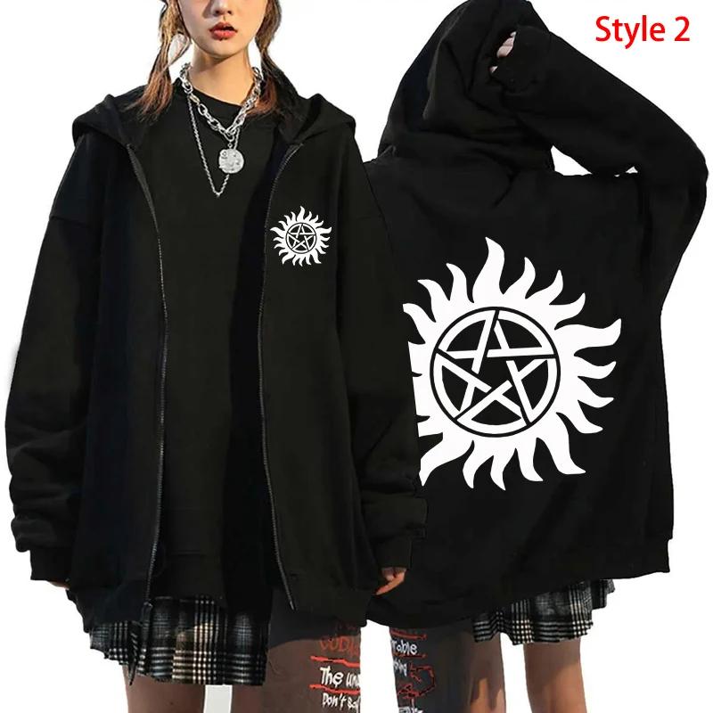 Mode Unisex Herfst Winterjas Supernatural Print Rits Hoodie Casual Lange Mouw Tops Vrouwen Mannen Harajuku Rits Sweatshirt