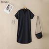 ZANZEA Vestido de camisa de manga curta de verão casual feminino com gola virada para baixo