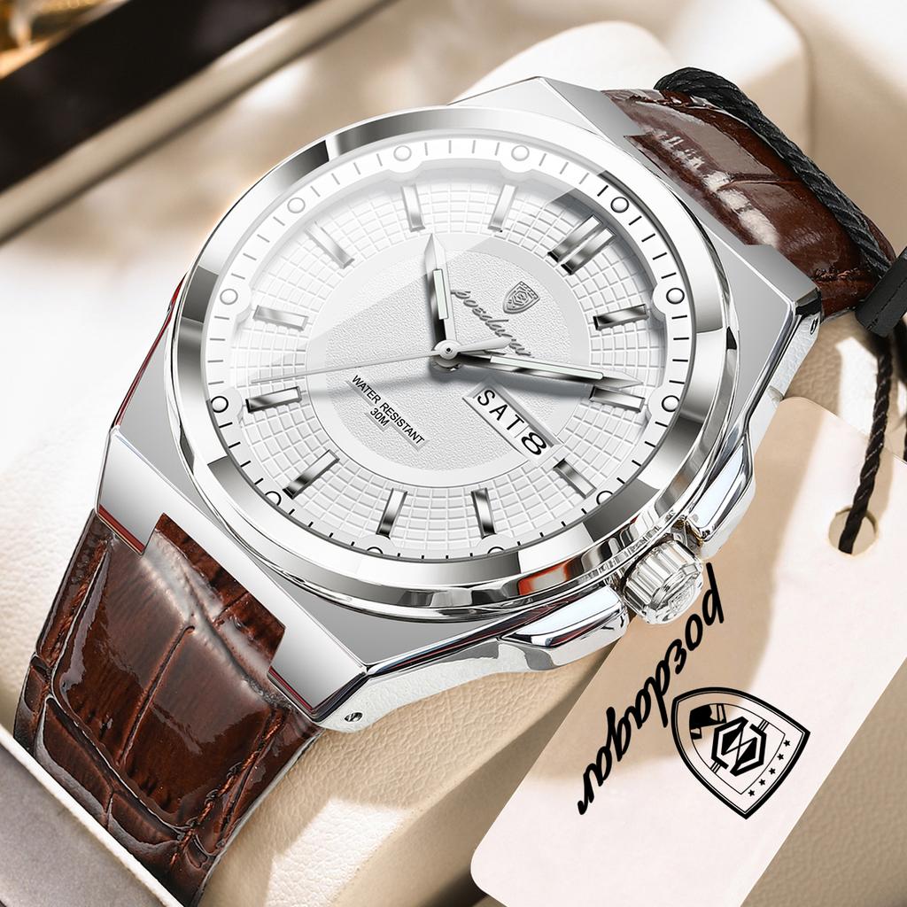 POEDAGAR Fashion Man Wristwatch Waterproof Luminous Date Week Business Quartz Watches Leather Sport Clock Reloj Hombre